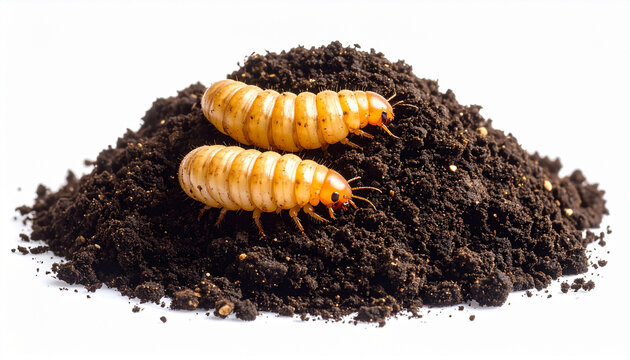 Two yellowish insect larvae on rich dark soil pile isolated on clean white background close up macro composting grubs for agriculture pest life cycle organic garden concept cutout asset