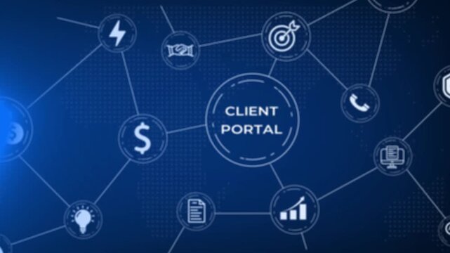 Futuristic digital network interface showing a client portal with interconnected for communication, finance, and data management on a deep blue background with neon green accents