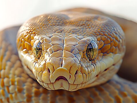 Closeup of python head with detailed golden scales and intense eyes