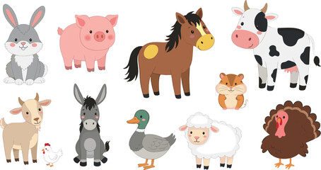 Fototapeta premium Cute Farm Animals Collection with Cow Pig Horse Sheep Donkey Chicken Turkey Duck and Rabbit Cartoon Vector Illustration Set