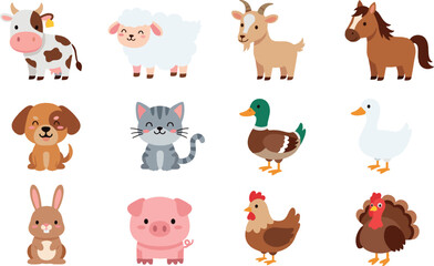 Naklejka premium Cute Farm Animals Collection with Cow Sheep Goat Horse Duck Chicken and Cartoon Barnyard Vector Illustration Set