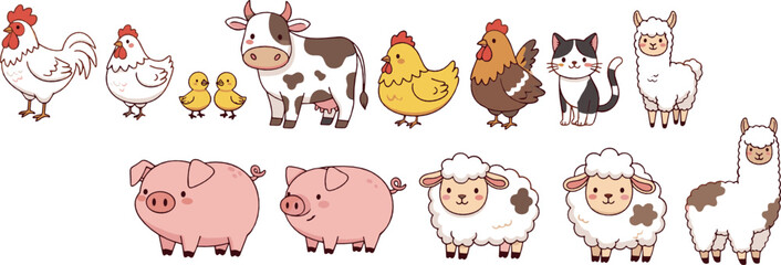 Fototapeta premium Cute Farm Animals Collection with Cow Pig Sheep Chicken Llama and Cartoon Barnyard Vector Illustration Set