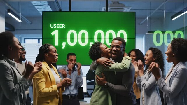In a bright, modern office space, a diverse group of employees celebrates reaching significant user milestones.