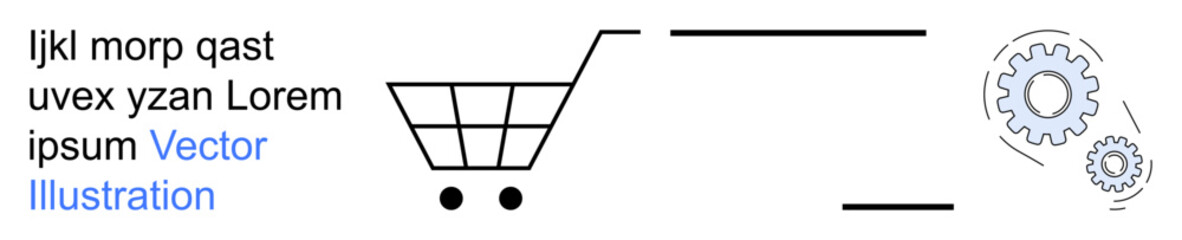 E-commerce, technology processes, online shopping, business automation, digital systems, development. Minimal shopping cart with gears and connected lines. E-commerce and technology processes concept © robu_s