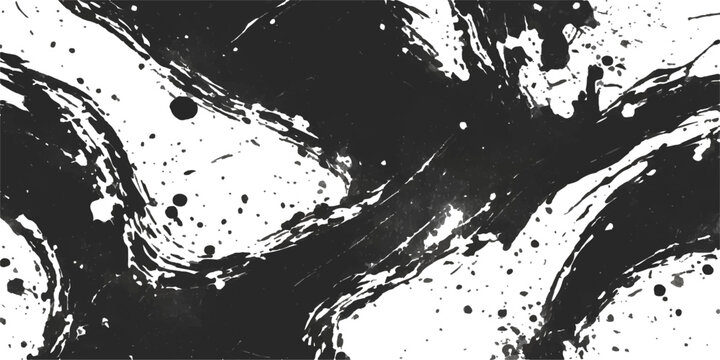 Abstract black and white grunge background featuring dark ink splatters and paint brush drips on a textured vector illustration with a messy spray pattern