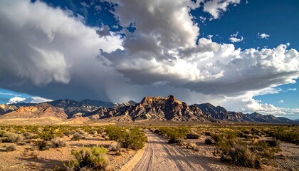 Obraz premium Desert path leading toward mountains under dynamic cloud formations and a partly blue sky in arid lands