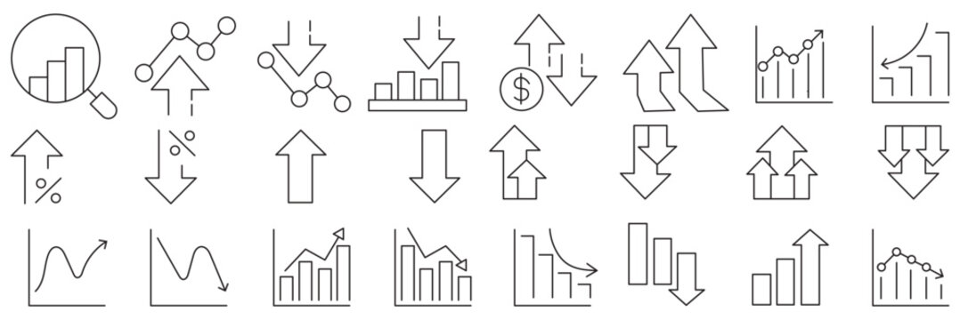 Stock market icons. Line growth and decrease icon set. Growth up and down, Profit and loss icon. Business, stock exchange, investment, analysis, percentage growth and decrease, candlestick line icon