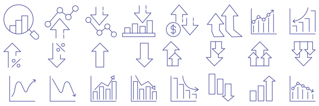 Stock market icons. Line growth and decrease icon set. Growth up and down, Profit and loss icon. Business, stock exchange, investment, analysis, percentage growth and decrease, candlestick line icon