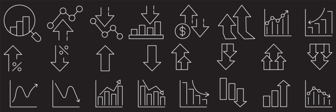 Stock market icons. Line growth and decrease icon set. Growth up and down, Profit and loss icon. Business, stock exchange, investment, analysis, percentage growth and decrease, candlestick line icon