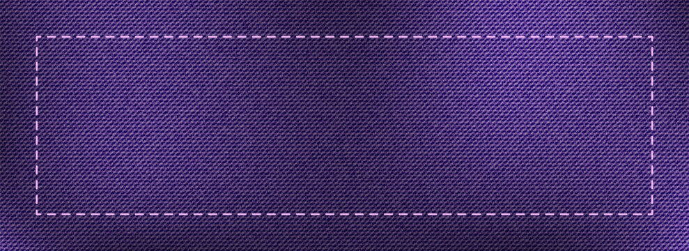 Purple denim fabric texture background with rectangular dashed stitching frame