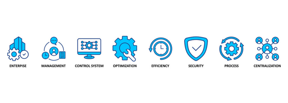 Industrial control system banner web icon vector illustration concept with icon of enterprise, management, control system, optimization, efficiency, security, process, centralization 