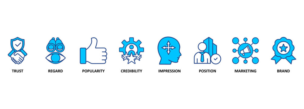 Reputation management banner web icon vector illustration concept with icon of trust, regard, popularity, credibility, impression, position, marketing and brand