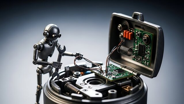 A miniature robot examines the intricate components of an open hard disk drive with precision and care
