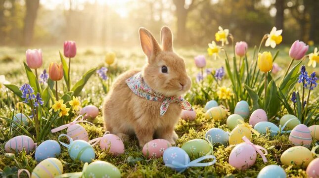 Cute Fluffy Easter Bunny Holding a Basket of Colorful Decorated Easter Eggs While Hiding Eggs in a Blooming Spring Meadow with Flowers, Green Grass, and Warm Golden Sunlight During Easter Egg Hunt Cel