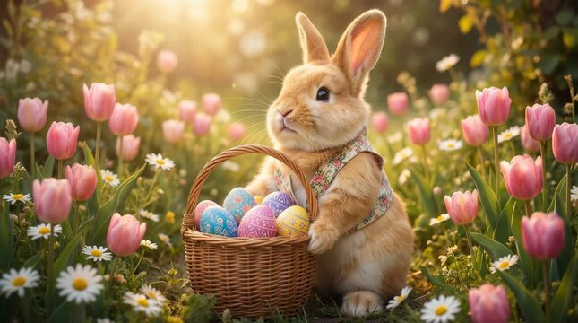 Cute Fluffy Easter Bunny Holding a Basket of Colorful Decorated Easter Eggs While Hiding Eggs in a Blooming Spring Meadow with Flowers, Green Grass, and Warm Golden Sunlight During Easter Egg Hunt Cel
