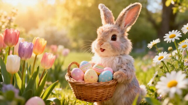 Cute Fluffy Easter Bunny Holding a Basket of Colorful Decorated Easter Eggs While Hiding Eggs in a Blooming Spring Meadow with Flowers, Green Grass, and Warm Golden Sunlight During Easter Egg Hunt Cel