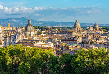 Scenic sunset cityscape of Rome center seen from top of St. Angel's castle, Italy (translation 