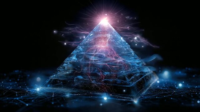 Pyramid structure with sparks emanating from peak signifying energy and dynamic concepts in creative design, apex electrical discharge, with copy space