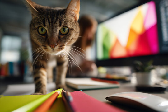 Tabby cat walks across desk in creative office with copy space