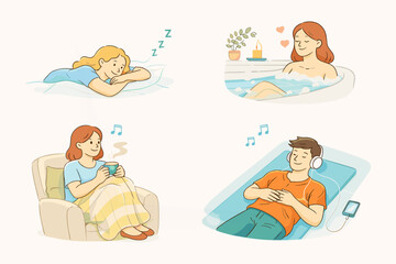 Fototapeta premium Rest and Relaxation Routine at Home Cozy Self Care Flat Vector Illustration Set