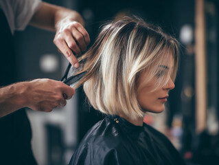 Fototapeta premium A girl with blond highlights getting her hair cut into a short bob at hair salon