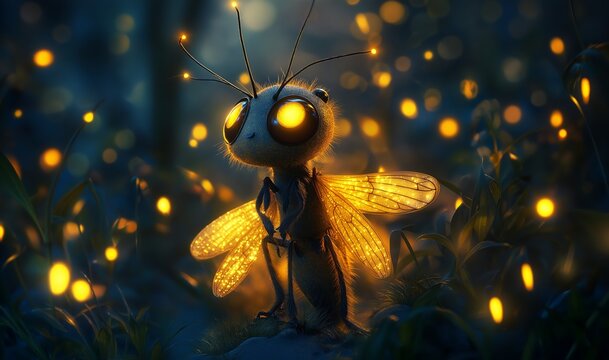 A young firefly with shiny wings. Illustration based on cartoons, creatures, and fairy tales.