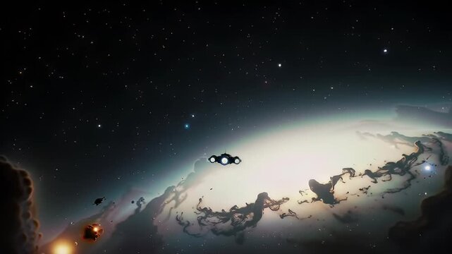 Spaceship flies between nebulous clouds in a starlit sky, cosmic adventure, otherworldly
