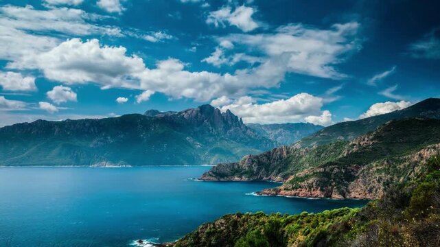 Majestic mountain peaks rising above deep blue mediterranean sea water under cloudy sky during daylight on corsica island coast in south region of france