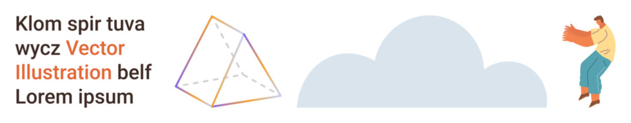 Abstract design, creativity, teamwork, education, cloud computing, dynamic movement. Geometric shape, cloud and a jumping figure with stylized text. Abstract design and creativity concept © robu_s