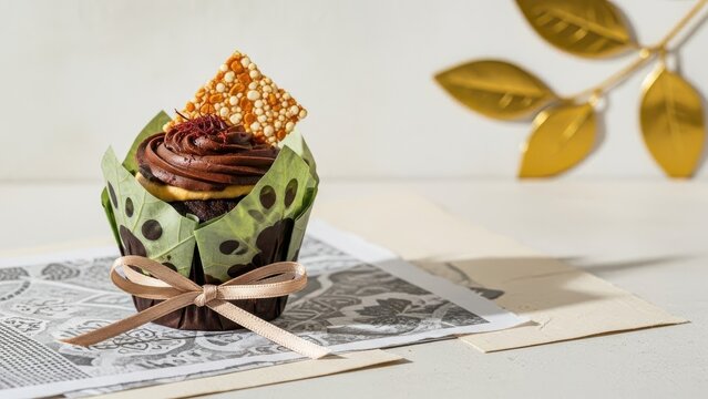 Gourmet dark chocolate cupcake with rich frosting and sesame brittle in a green wrapper with a ribbon, set on a patterned surface with golden decorative leaves in the background area.