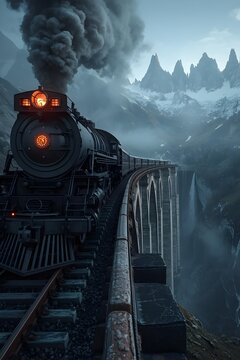 Dark gothic steam locomotive on a high stone viaduct over a misty mountain chasm at night.