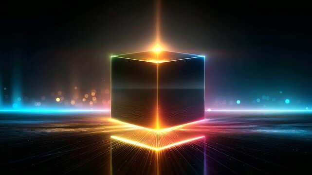 Colorful light emitting from cube creating mesmerizing visual effect in dynamic timeline overlay animation, chromatic temporal geometry, with copy space