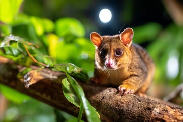 Obraz premium Serene Possum Resting on Branch Under Moonlight Amidst Lush Greenery