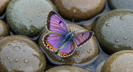 Purple butterfly resting on wet river stones with water droplets
