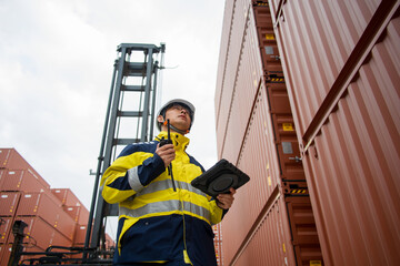 Port worker holding tablet inspecting shipping containers at container yard