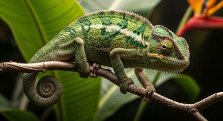 Fototapeta premium Vibrant green chameleon gripping branch surrounded by tropical foliage