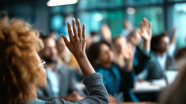 Defocused active participation at conference with attendees raising hands, blurred seminar scene asking questions or voting, with copy space