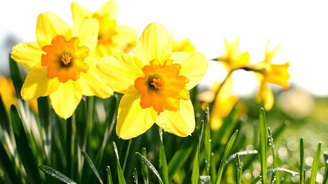Vibrant yellow daffodils bloom brightly in a sunny garden with dew drops