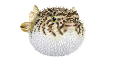 Isolated Porcupinefish portrait with its puffed up body and defensive spines near the surface © darietta