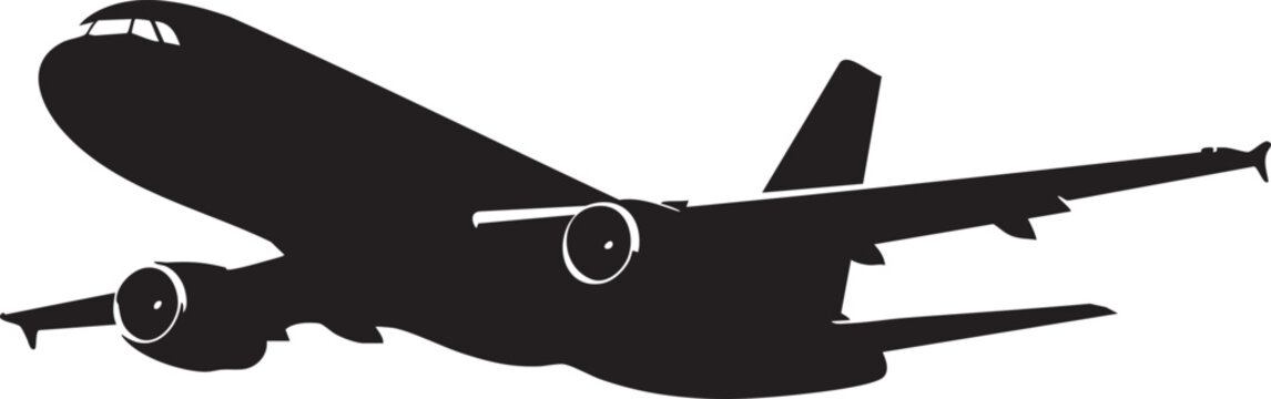 Black silhouette of airplane in flight white background