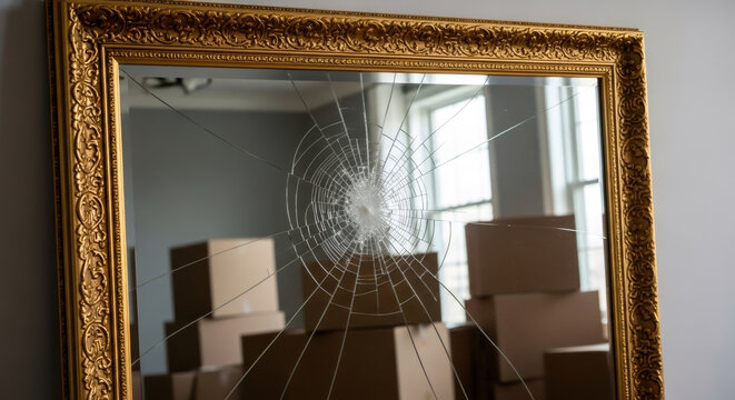 Broken mirror with an ornate gold frame reflecting moving boxes in a blurred background. Home relocation accident and damage concept.