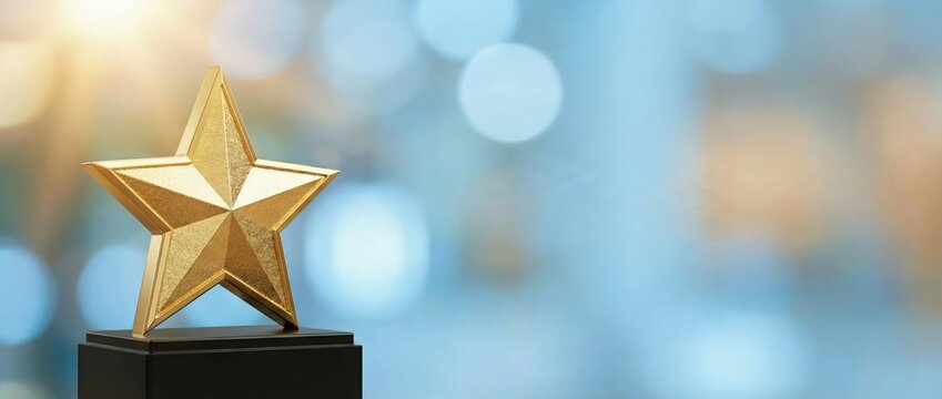 Celebrating excellence golden star trophy award ceremony conference hall event highlights professional environment close-up view recognition concept