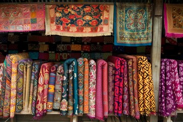 Assorted colorful textiles and rugs displayed in a market stall