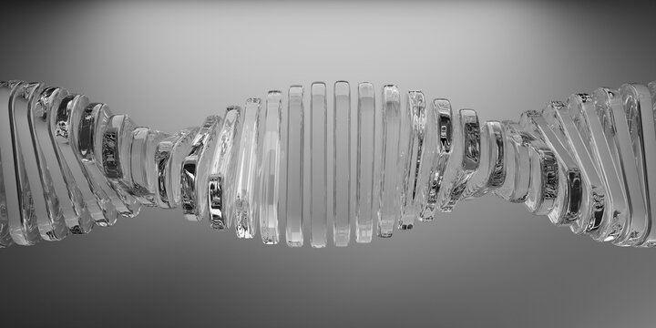 Abstract glass gray 3D background of transparent rounded rectangle plates. Clear geometric structure, crystal glossy spiral mesh, twisting wavy lines, array effect, biomedical concept. 3D illustration
