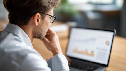 Person from behind analyzing business data on laptop computer screen, charts and graphs display, statistical analysis workspace, professional data monitoring, corporate analytics e