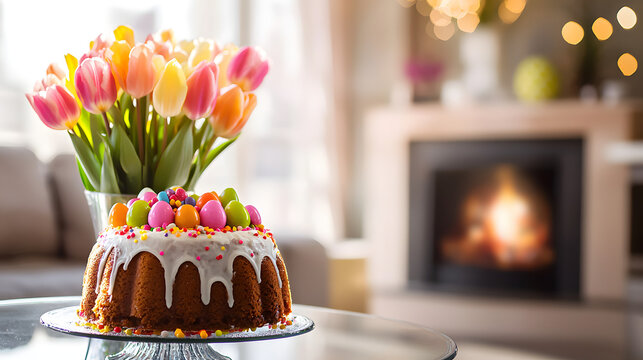 An Easter cake with icing and colorful sprinkles sits on a glass table next to a vase of tulips, against a backdrop of a fireplace in a cozy home, creating a festive atmosphere