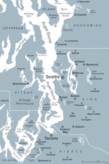 Seattle metropolitan area, U.S. state of Washington, gray political map. Urban agglomeration comprising Seattle, its surrounding satellites and suburbs, in counties King, Pierce, and Snohomish. Vector