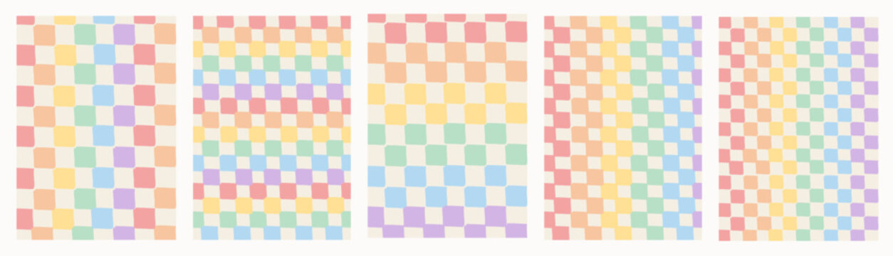 Retro pastel rainbow gingham pattern set. Hand drawn textured checkered squares in pride flag colors. Seamless geometric background for social media, graphic prints, invitation card design. Vector.