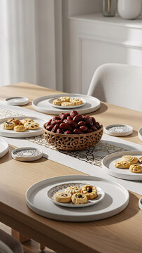 Elegant minimalist Eid dining table, white and cream color palette, ceramic plates with traditional cookies, bowl of dates, subtle Islamic geometric pattern decoration, clean modern home interior.