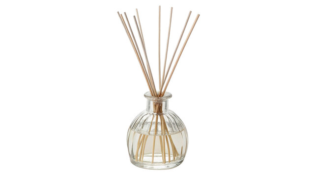 Scent diffuser with wooden sticks placed in a clear glass container isolated on transparent background cut out